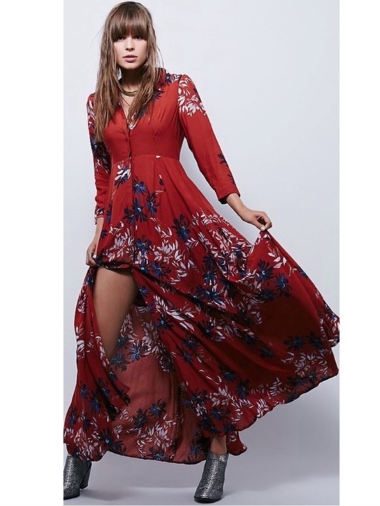 Free People Dresses & Skirts - Free People Red After The Storm Floral Print Boho Maxi Shirt Dress Size 12